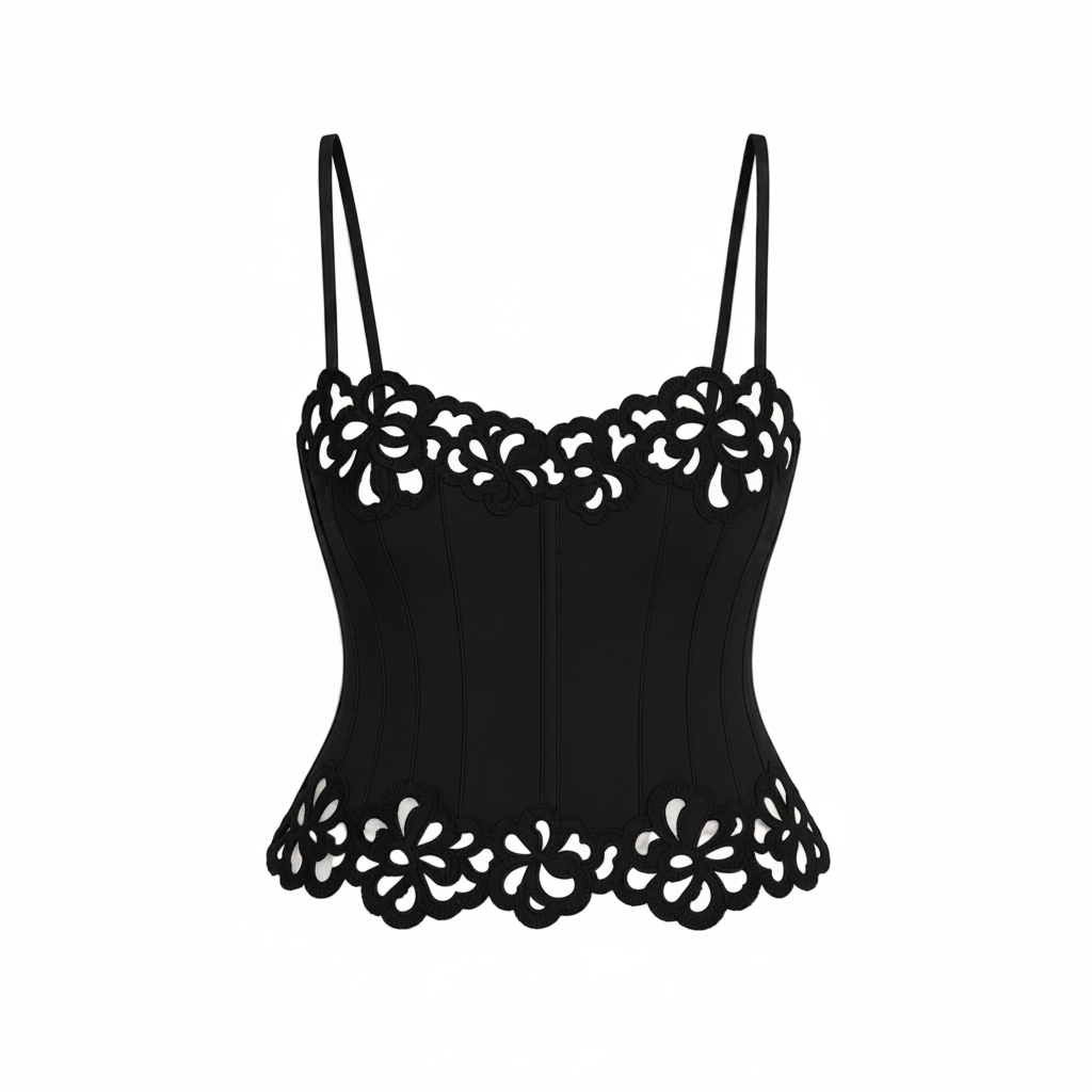 Black lace camisole on a beige background