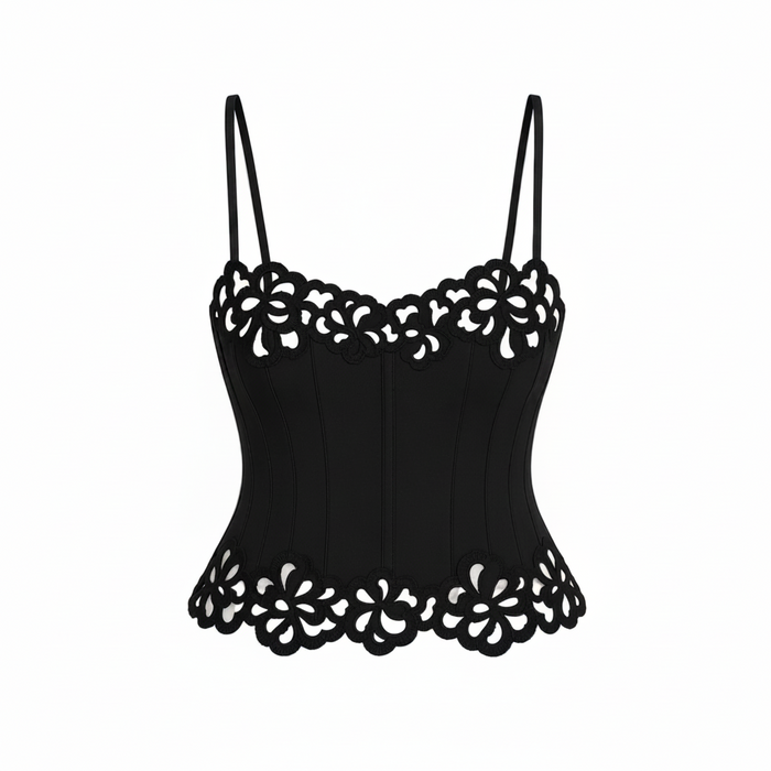 Black lace camisole on a beige background